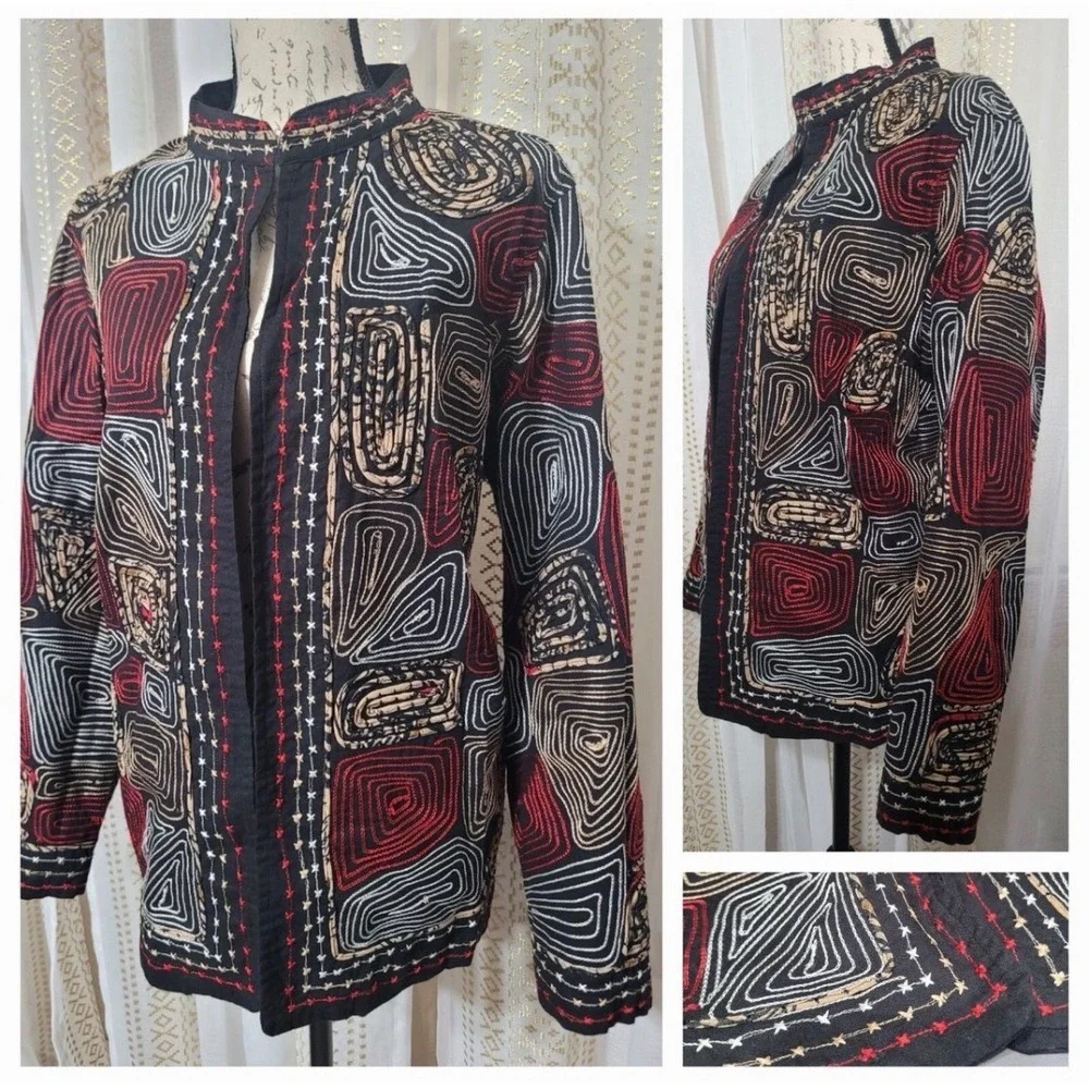 Artsy Embroidered Geometric Open Front Jacket Multi M Lagenlook Cotton Spring‎